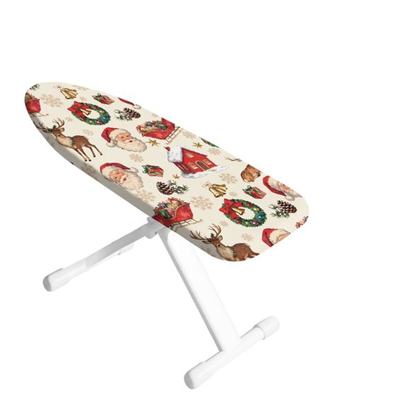 ZIATUBLES 14 x 24 Inch Small Ironing Board Cover with Hook-Loop Fastener, Secure Fit Non-Slip Polyester Replacement Cover for Mini Tabletop Boards, Santa Claus Reindeer Wreath Printed
