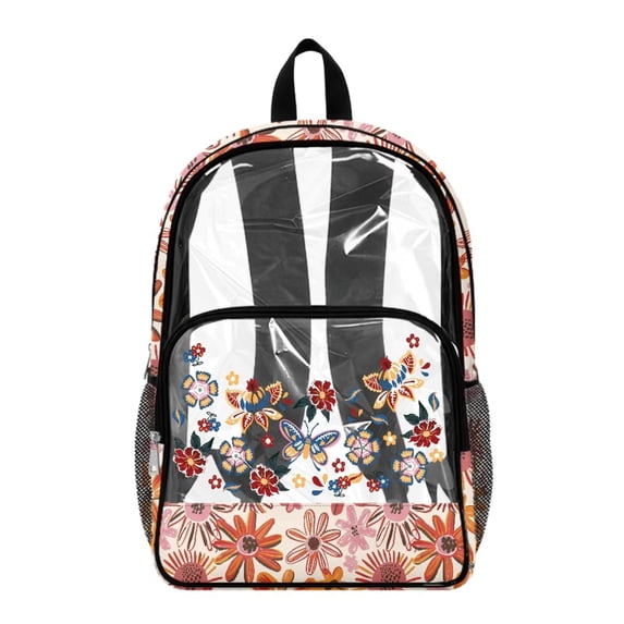 ZIATUBLES 17 Inch Clear Backpack, Heavy Duty Fabric & PVC Transparent Bag with Boho Butterfly Floral Print, Large Capacity See Through Bookbag Easy to Clean for School & Travel
