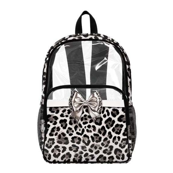ZIATUBLES 17 Inch Clear Backpack, Heavy Duty Fabric & PVC Transparent Bag with Gray Bow Leopard Print Print, Large Capacity See Through Bookbag Easy to Clean for School & Travel