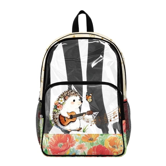 ZIATUBLES 17 Inch Clear Backpack, Heavy Duty Fabric & PVC Transparent Bag with Hedgehog Guitar Music Print, Large Capacity See Through Bookbag Easy to Clean for School & Travel
