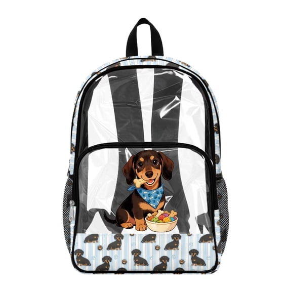 ZIATUBLES 17 Inch Clear Backpack, Heavy Duty Fabric & PVC Transparent Bag with Reinforced Strap, Large Capacity Dachshund Bone Stripe Print See Through Bookbag for School, Work & Travel