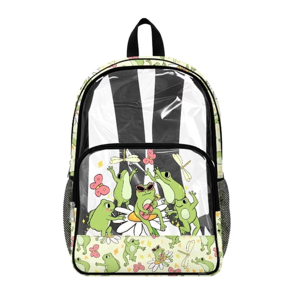 ZIATUBLES 17 Inch Clear Backpack, Heavy Duty Fabric & PVC Transparent Bag with Reinforced Strap, Large Capacity Frog Daisy Butterfly Print See Through Bookbag for School, Work & Travel