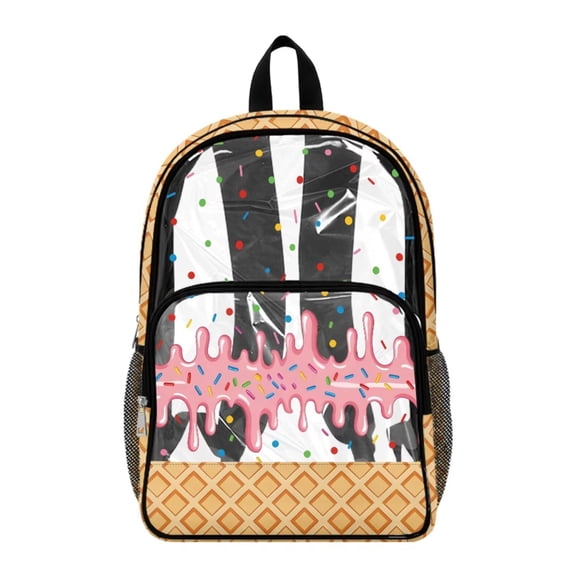 ZIATUBLES 17 Inch Clear Backpack, Heavy Duty Fabric & PVC Transparent Bag with Reinforced Strap, Large Capacity Ice Cream Waffle Cone Print See Through Bookbag for School, Work & Travel