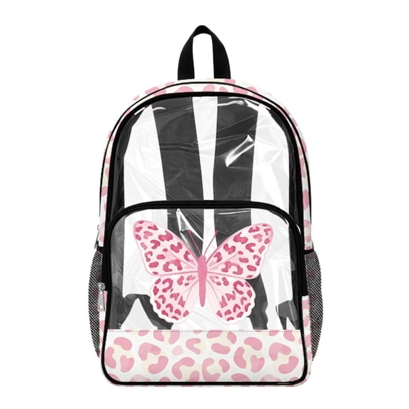 ZIATUBLES 17 Inch Clear Backpack, Heavy Duty Fabric & PVC Transparent Bag with Reinforced Strap, Large Capacity Pink Leopard Butterfly Print See Through Bookbag for School, Work & Travel