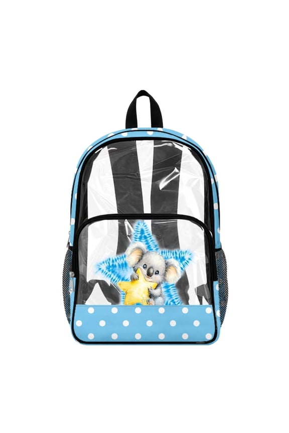 17 Inch Clear Backpack, Heavy Duty Koala Star Blue Polka Dot Print Fabric & PVC Transparent Bag with Front Pockets & Side Mesh, Large Capacity See Through Bookbag for School Work Travel