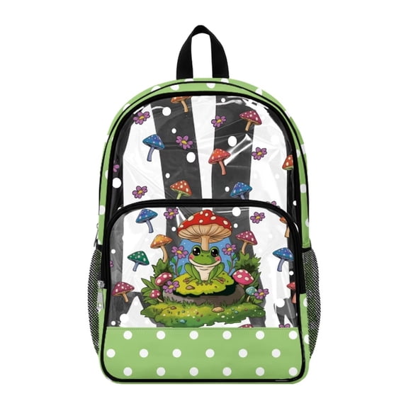 ZIATUBLES 17 Inch Clear Backpack Heavy Duty, Mushroom Frog Polka Dot Print Fabric & PVC Transparent Bookbag with with Reinforced Strap, See Through Bag Easy to Clean for School Security