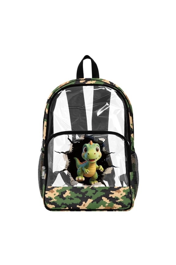 17 Inch Clear Backpack, Heavy Duty Skateboard Dinosaur Camo Print Fabric & PVC Transparent Bag with Front Pockets & Side Mesh, Large Capacity See Through Bookbag for School Work Travel