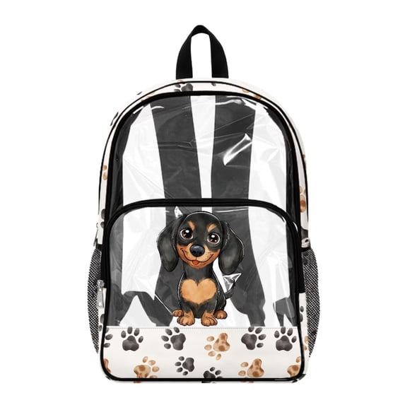 ZIATUBLES 17 Inch Heavy Duty Clear Backpack, Fabric & PVC Transparent Bag with Dachshund Paw Print Print, Large Capacity See Through Bag Easy to Clean for School College Work