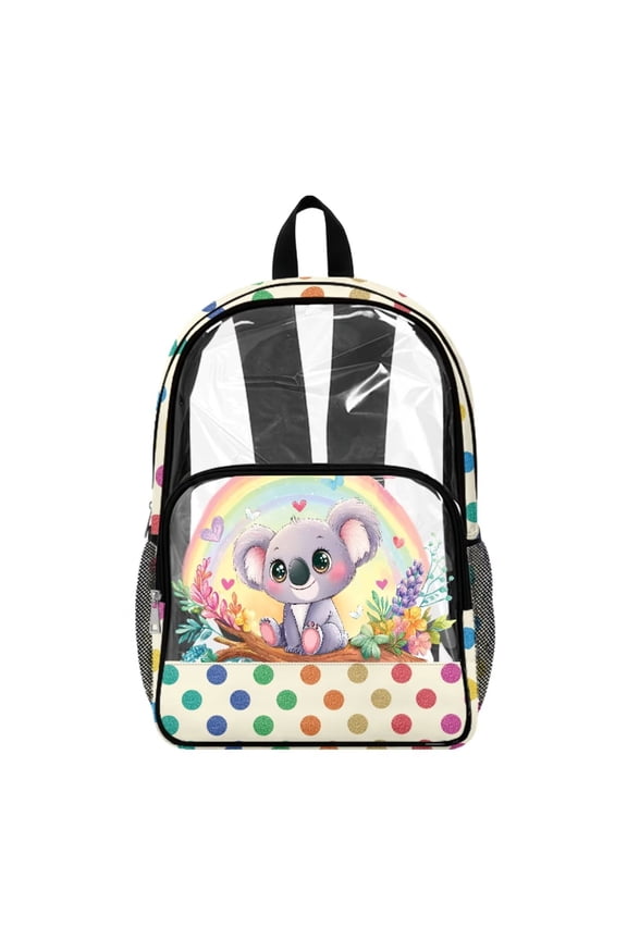 17 Inch Heavy Duty Clear Backpack, Fabric & PVC Transparent Bag with Koala Rainbow Print, Large Capacity See Through Bag Easy to Clean for School College Work