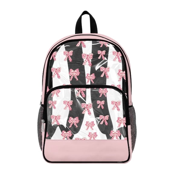 ZIATUBLES 17 Inch Heavy Duty Clear Backpack, Fabric & PVC Transparent Bag with Pink Polka Dot Bow Print, Large Capacity See Through Bag Easy to Clean for School College Work