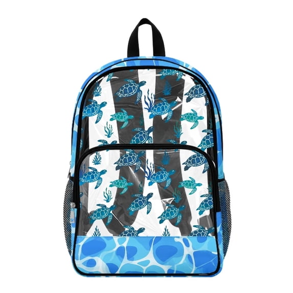 ZIATUBLES 17 Inch Heavy Duty Clear Backpack, Fabric & PVC Transparent Bag with Sea Turtle Ocean Print, Large Capacity See Through Bag Easy to Clean for School College Work