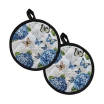 ZIATUBLES 2 PCS Pot Holders Heat Resistant Hot Pads Oven Mitts Dual Function Stylish Soft Grip Machine Washable Potholders Kitchen 8 Inch Round Decor, Butterfly Hydrangea Blue Letter
