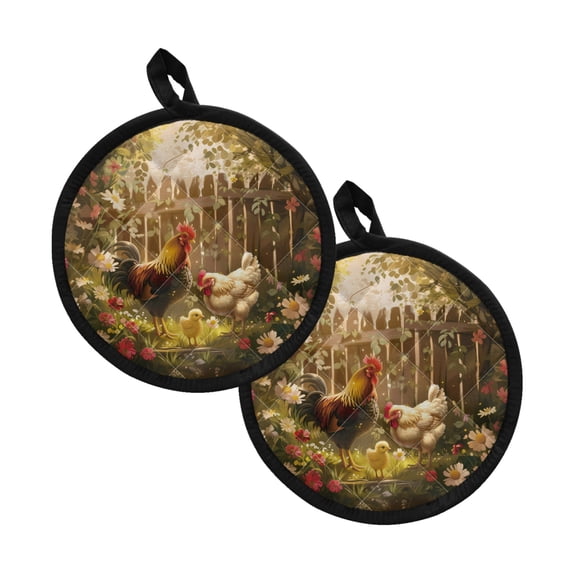 ZIATUBLES 2 PCS Pot Holders Oven Mitts Dual Function Heat Resistant Food Hot Pad Potholders with Breathable Cotton-like Lining and Pocket Trivet Mat, 8 Inch Round, Rooster Chicken Yard