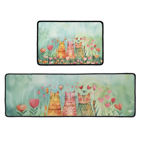ZIATUBLES 2 Piece Kitchen Rugs Non-Slip Mat for Kitchen Floor With TRP Backing Soft Washable Kitchen Mat Easy Clean Comfort Home Kitchen Decor Rug, Cartoon Cat Flower
