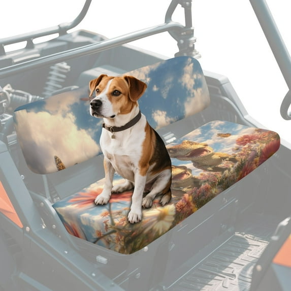 ZIATUBLES 2-Piece UTV Seat Covers Set, Universal Front Seat Protectors for Side by Sides, Easy Install Polyester UTV Decor Cover for Kawasaki Mule, Dinosaur Butterfly Flower Field Print