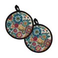 thumbnail image 1 of ZIATUBLES 2 Pieces Boho Floral Print Pot Holders Oven Mitts 2-in-1 Heat Resistant Hot Mats with Breathable Cotton-Like Liner Non-Slip Quilted Liner Trivets Kitchen 8 Inch Round Decor, 1 of 7