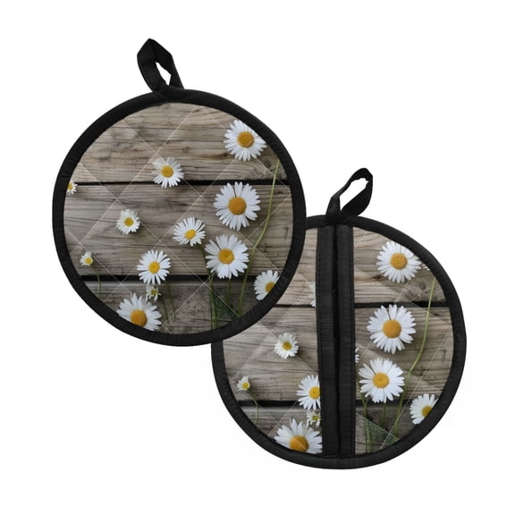 ZIATUBLES 2 Pieces Kitchen Pot Holders Oven Mitts 2-in-1 Heat Resistant Hot Pads with Hand Pockets Stylish Soft Grip Potholders for Cooking and Baking, 8 Inch Round, Daisy Wood Grain