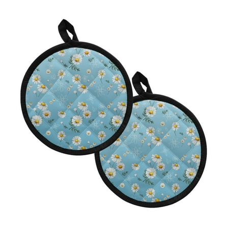 ZIATUBLES 2 Pieces Pot Holders Heat Resistant Hot Mat with Pockets Soft Cotton-Like Liner Non-Slip Trivet for Kitchen Baking Cooking 8 Inch Round Decor, Daisy Blue