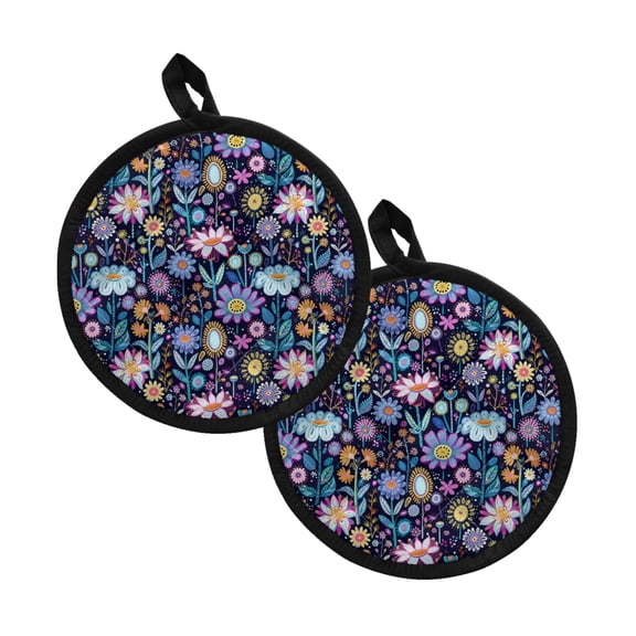 ZIATUBLES 2 Pieces Pot Holders Heat Resistant Hot Pads Soft Cotton-like Lining Stylish Hot Pads Machine Washable Coaster Kitchen 8 Inch Tabletop Counter Decor, Hippie Flower Lotus Blue