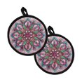 thumbnail image 1 of ZIATUBLES 2 Pieces Pot Holders Oven Mitts 2-in-1 Heat Resistant Hot Mats with Breathable Cotton-Like Liner Non-Slip Quilted Liner Trivets Kitchen 8 Inch Round Decor, Tribal Ethnic Flower, 1 of 7