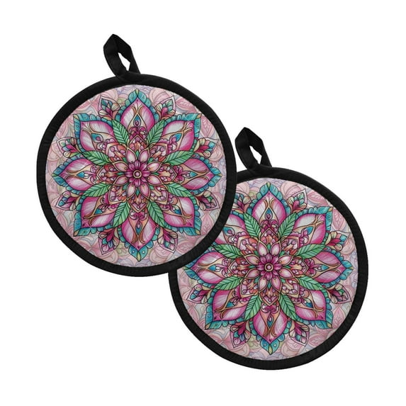 ZIATUBLES 2 Pieces Pot Holders Oven Mitts 2-in-1 Heat Resistant Hot Mats with Breathable Cotton-Like Liner Non-Slip Quilted Liner Trivets Kitchen 8 Inch Round Decor, Tribal Ethnic Flower