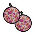 thumbnail image 1 of ZIATUBLES 2 Pieces Pot Holders Oven Mitts 2-in-1 Heat Resistant Hot Mats with Breathable Cotton-Like Liner Non-Slip Quilted Liner Trivets Kitchen 8 Inch Round Decor, Flower Painting, 1 of 7