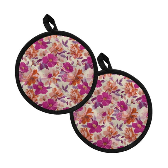ZIATUBLES 2 Pieces Pot Holders Oven Mitts 2-in-1 Heat Resistant Hot Mats with Breathable Cotton-Like Liner Non-Slip Quilted Liner Trivets Kitchen 8 Inch Round Decor, Flower Painting