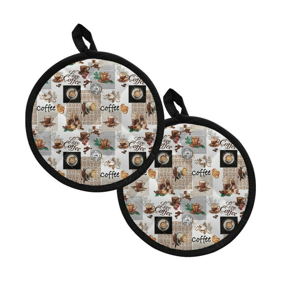 ZIATUBLES 2 Pieces Pot Holders Oven Mitts 2-in-1 Heat Resistant Kitchen Utensils Set Machine Washable Potholders Stylish Lightweight Hot Pads for Cooking and Baking, 8 Inch Round, Love Coffee