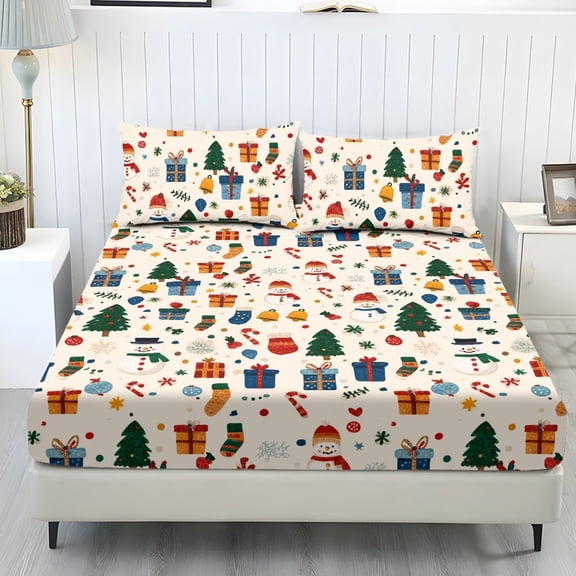 ZIATUBLES 3 PCS Queen Size Sheets Set, 1 Fitted Sheet with 2 Pillowcases, 9.8" Standard Pocket Chic Bed Sheets Set, Soft Cozy Bedding Bedroom Christmas Decor, Beige Snowmen Candy Cane