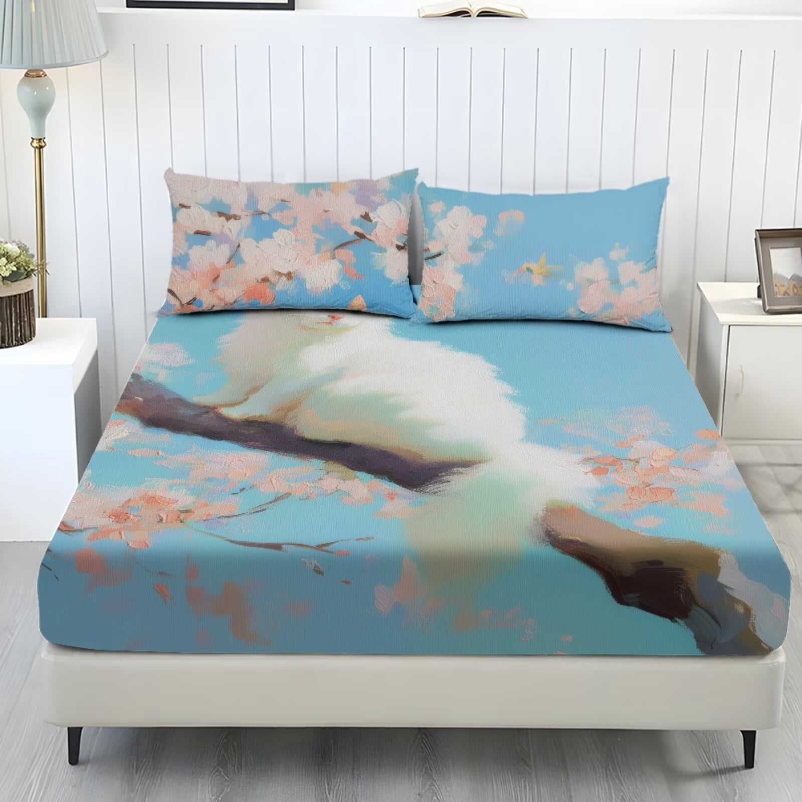 ZIATUBLES 3 PCS Twin Size Sheets Set, 1 Fitted Sheet with 2 Pillowcases, 9.8" Standard Pocket Chic Bed Sheets Set, Soft Cozy Bedding Bedroom Decor, Cherry Blossom White Cat Print
