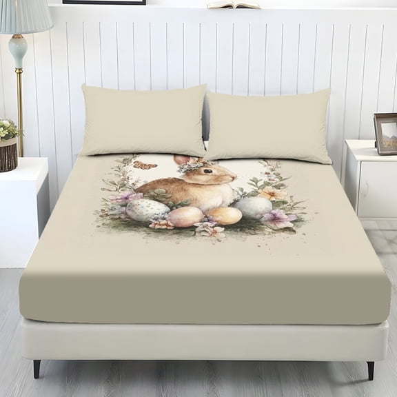 ZIATUBLES 3 Pcs King Size Cooling Polyester Sheet Set, Soft Cozy All-Season Bedding Set with 1 Fitted Sheet and 2 Pillowcases, Breathable Comfy Sheets for Bedroom, Easter Bunny Egg Floral Print