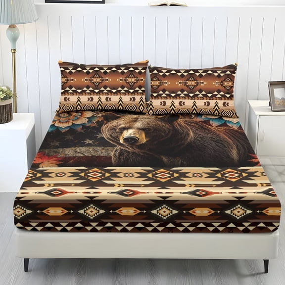 ZIATUBLES 3 Pcs King Size Sheet Set, Soft Comfort Bedding Sets with 1 Fitted Sheet and 2 Pillowcases, Cooling Cozy All-Season Bed Sheets, Aztec Bear Mandala American Flag Printed