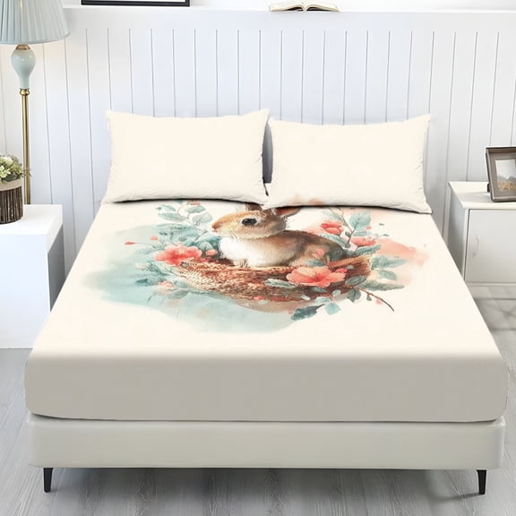 ZIATUBLES 3 Pcs King Size Sheet Set, Soft Comfort Bedding Sets with 1 Fitted Sheet and 2 Pillowcases, Cooling Cozy All-Season Bed Sheets, Bunny Floral Printed