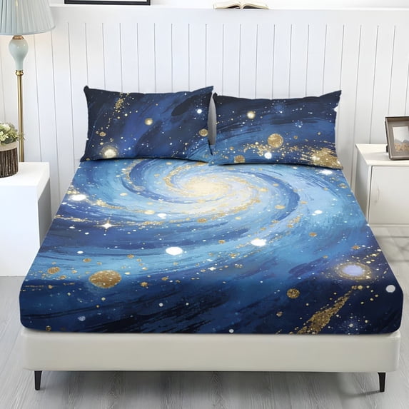 ZIATUBLES 3 Pcs Queen Size Cooling Polyester Sheet Set, Spiral Galaxy Print, Soft All-Season Bedding Set with 1 Fitted Sheet and 2 Pillowcases, Breathable Comfortable Sheets for Bedroom