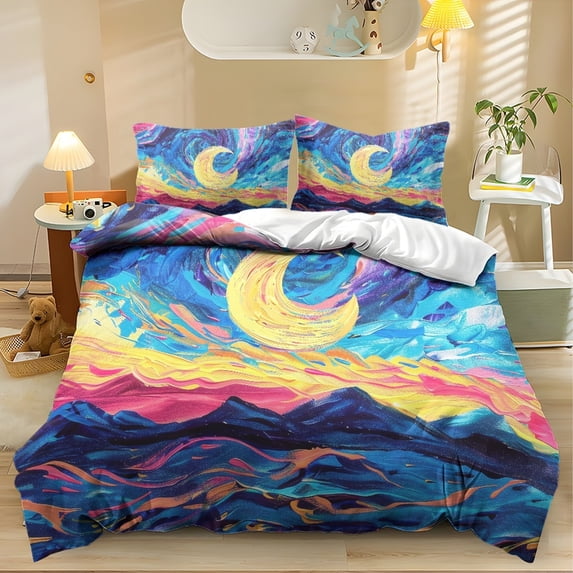 ZIATUBLES 3 Pcs Queen Size Polyester Duvet Cover Set, Starry Night Landscape Print, Soft Washable Bedding with Zipper Closure, All-Season Bedroom Bed Linens,1 Duvet Cover and 2 Pillowcases