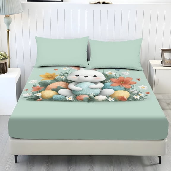 ZIATUBLES 3 Pcs Soft Polyester Sheet Set, King Size Bed Sets with 1 Fitted Sheet and 2 Pillowcases, Cooling Cozy All-Season Bedding Sheets, Bunny Easter Egg Floral Printed