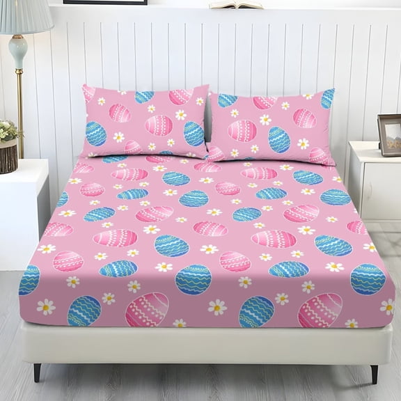 ZIATUBLES 3 Pcs Twin Size Cooling Bed Sheet Set, Easter Egg Daisy Print, Soft Cozy Polyester All-Season Bedding Set, 1 Fitted Sheet and 2 Pillowcases, Breathable Comfortable Sheets for Bedroom