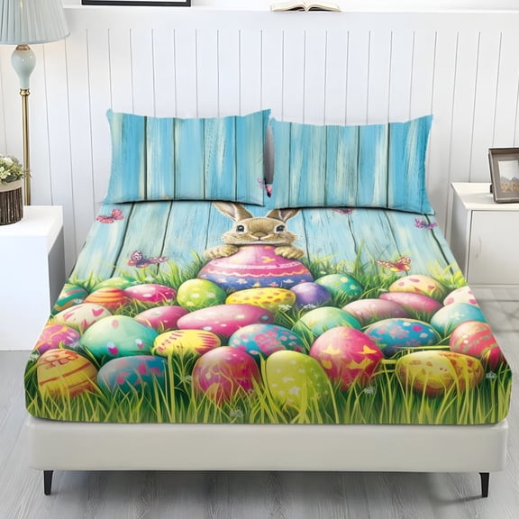 ZIATUBLES 3 Pcs Twin Size Cooling Bed Sheet Set, Rabbit Easter Egg Butterfly Print, Soft Cozy Polyester All-Season Bedding Set, Breathable Comfortable Sheets for Bedroom