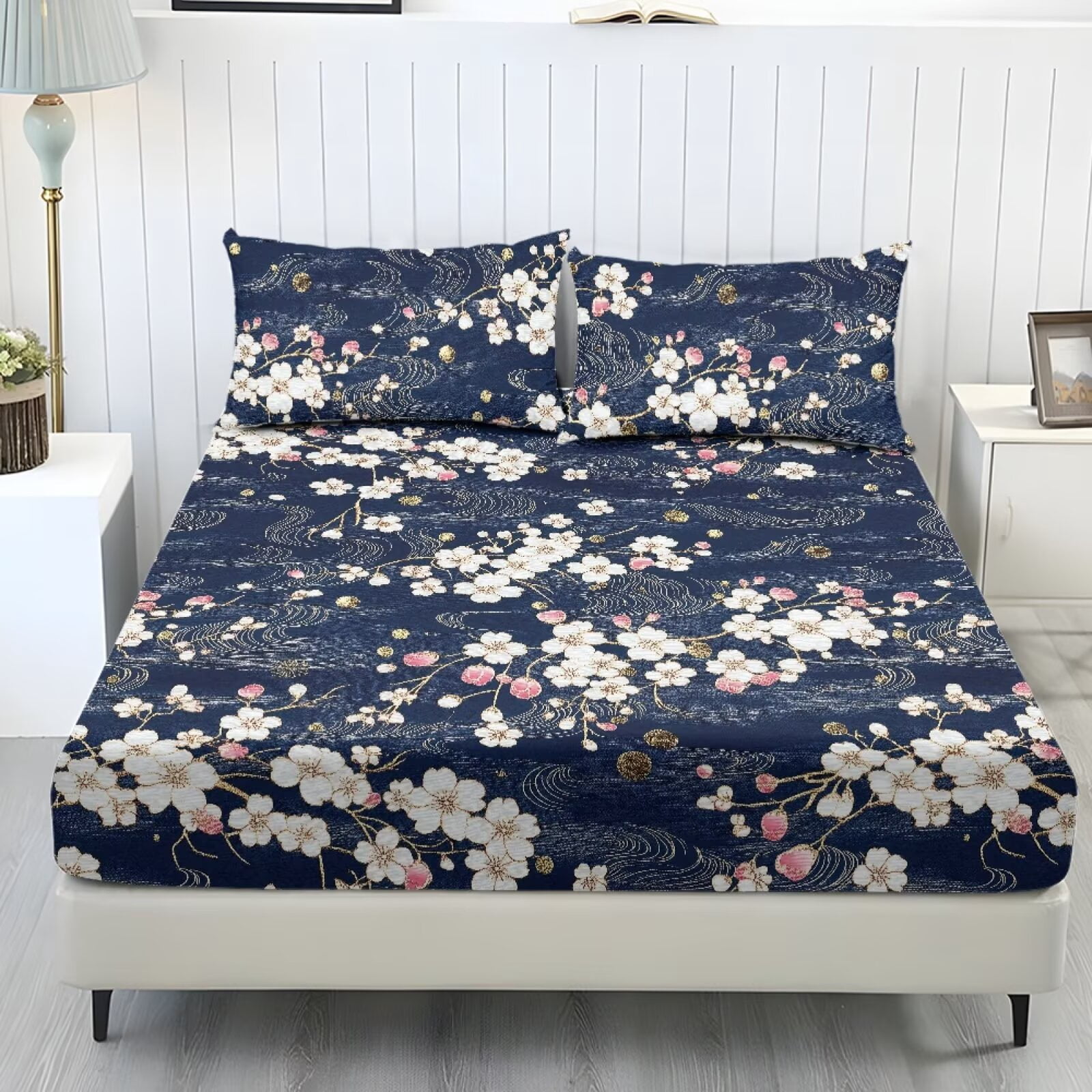 ZIATUBLES 3 Pcs Twin Size Cooling Polyester Sheet Set, Navy Blue Cherry ...