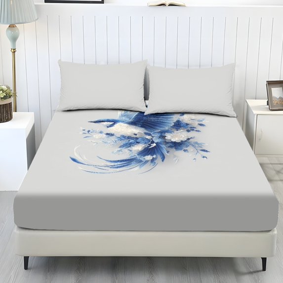 ZIATUBLES 3 Pcs Twin Size Sheet Set, Bird Flower Gray Printed Soft Comfort Bedding Sets with 1 Fitted Sheet and 2 Pillowcases, Cooling Cozy All-Season Bed Sheets