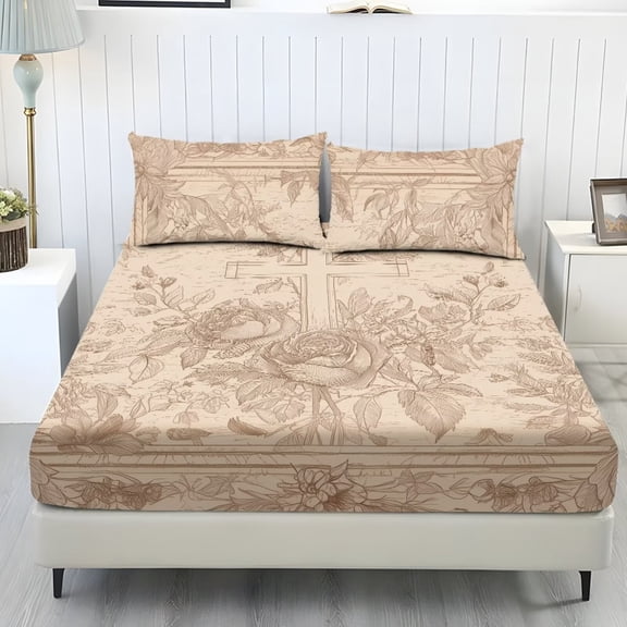ZIATUBLES 3 Pcs Twin Size Sheet Set, Soft Comfort Bedding Sets with 1 Fitted Sheet and 2 Pillowcases, Cooling Cozy All-Season Bed Sheets, Vintage Cross Rose Printed