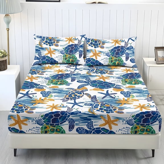 ZIATUBLES 3 Pcs Twin Size Sheet Set, Turtle Starfish Printed Soft Comfort Bedding Sets with 1 Fitted Sheet and 2 Pillowcases, Cooling Cozy All-Season Bed Sheets