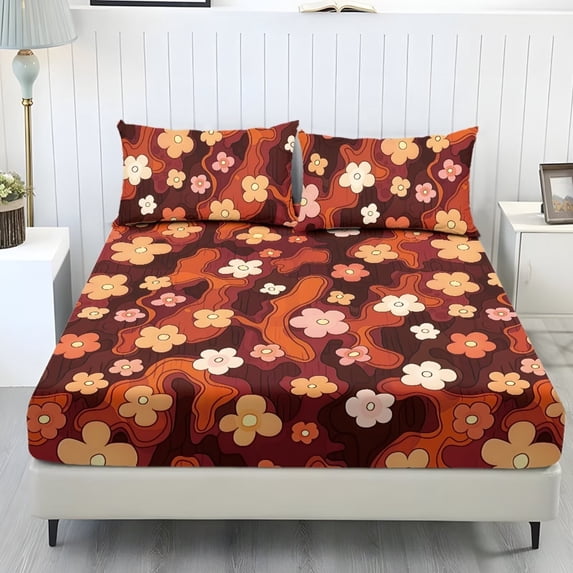 ZIATUBLES 3 Pcs Twin XL Size Cooling Bed Sheet Set, Vintage Orange Pink Floral Print, Soft Cozy Polyester Bedding Set, 1 Fitted Sheet and 2 Pillowcases, Breathable Comfortable Sheets for Bedroom
