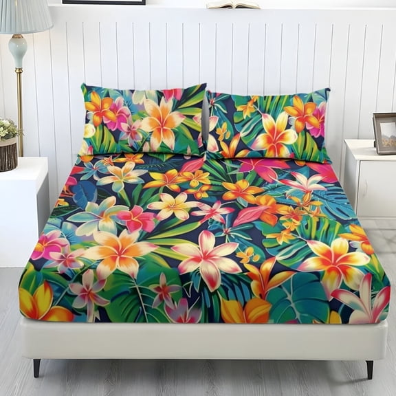 ZIATUBLES 3 Pcs Twin XL Size Sheet Set, Tropical Flower Leaf Printed Soft Comfort Bedding Sets with 1 Fitted Sheet and 2 Pillowcases, Cooling Cozy All-Season Bed Sheets