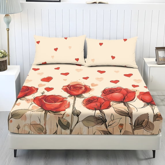 ZIATUBLES 3-Piece Full Sheet Set, Rose Love Heart Print Cooling Sheets, Soft Cozy 9.8" Standard Pocket Full Sheets with Pillowcases, Easy-Care Bedding for Valentine's Day, Ideal for Comfy Sleep