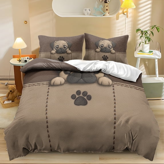 ZIATUBLES 3-Piece Full Size Duvet Cover Set, Soft Bedding Set with Pug Paw Print Print, 1 Duvet Cover and 2 Pillowcases, Zipper Closure, Comfy All-Season Bedroom Bed Linens