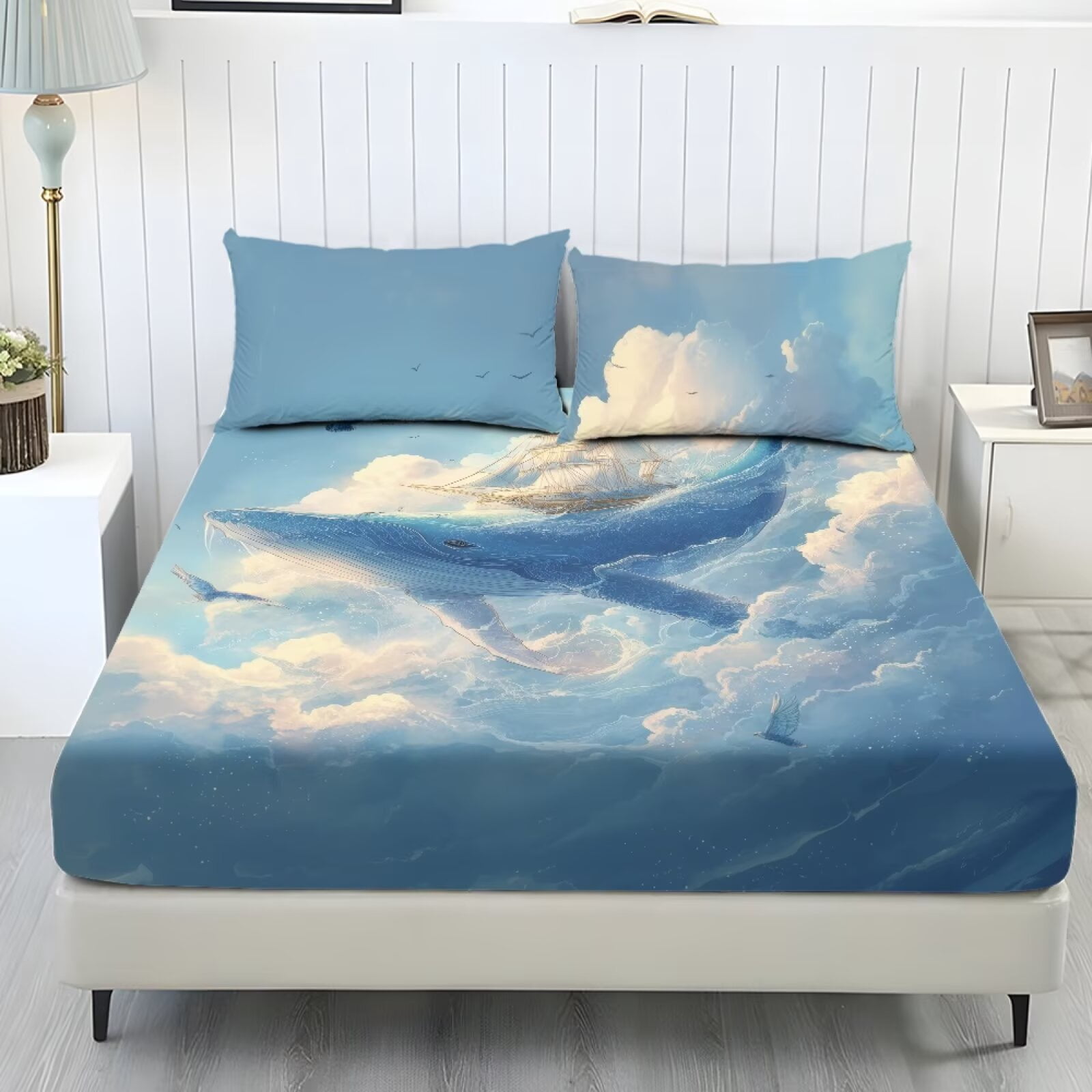 ZIATUBLES 3-Piece Full Size Sheet Set Soft Cooling Polyester Bedding with 1 Fitted Sheet and 2 Pillowcases, Breathable All-Season Comfort Decor for Bedroom, Cloud Whale Sailing Ship Print
