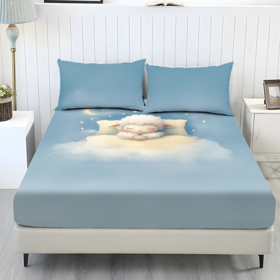 ZIATUBLES 3-Piece Full Size Sheet Set Soft Cooling Polyester Bedding with Goodnight Sheep Print 1 Fitted Sheet and 2 Pillowcases Breathable All-Season Comfort for Bedroom