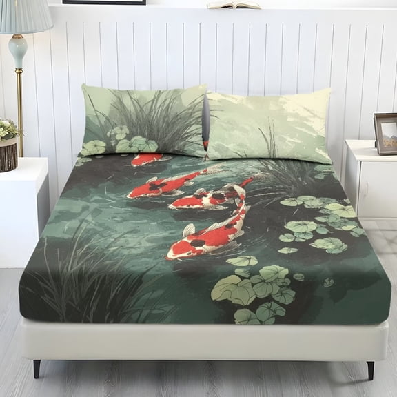 ZIATUBLES 3-Piece King Sheet Set, Oriental Koi Fish Lotus Pond Print Cooling Sheets, Soft Cozy 9.8" Standard Pocket King Sheets with Pillowcases, Easy-Care Bedding for All Seasons