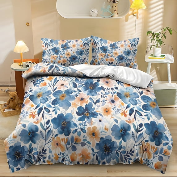 ZIATUBLES 3-Piece King Size Duvet Cover Set, Blue Orange Floral Printed Soft Breathable Bedding, Zipper Closure, Easy Care All-Season Bedroom Home Dorm Apartment Bed Linens